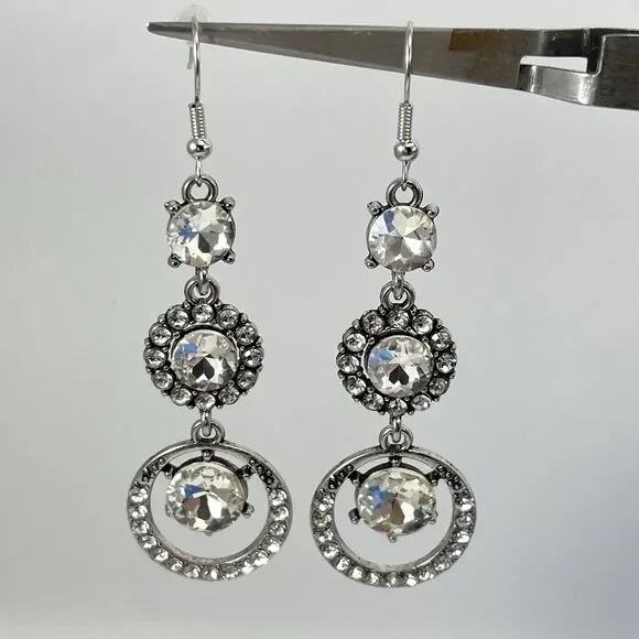 Silver Tone Boho Dangle Earrings White Glass Halo Round Rhinestones Bling - Picture 1 of 7